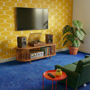 Mid-century modern living room featuring the Palo oval wood TV stand as the centerpiece beneath a wall-mounted television.