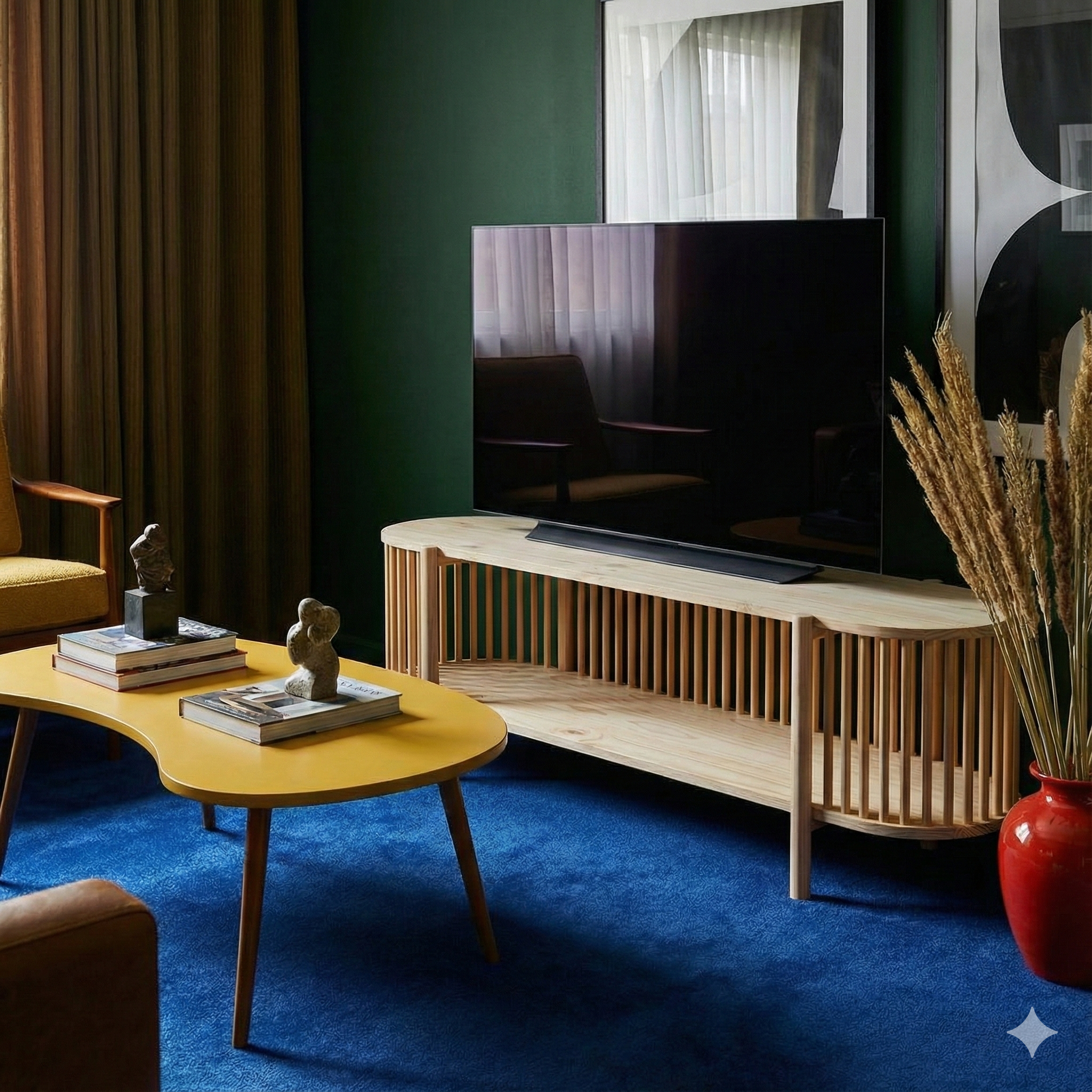 Modern living room featuring the Imbizi Slatted TV Unit styled with a television and decor, demonstrating the Scandi-Japandi aesthetic.