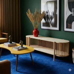 Modern living room featuring the Imbizi Slatted TV Unit styled with a television and decor, demonstrating the Scandi-Japandi aesthetic.