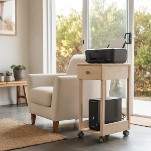 Sam Wooden Mobile Printer Stand With Storage, Computer Tower Stand With Drawer. — lifestyle scene