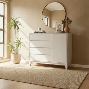 Rosemary Wooden Dresser Features A Four-Drawer Vertical Stack Alongside A Cabinet With Shelving — lifestyle scene