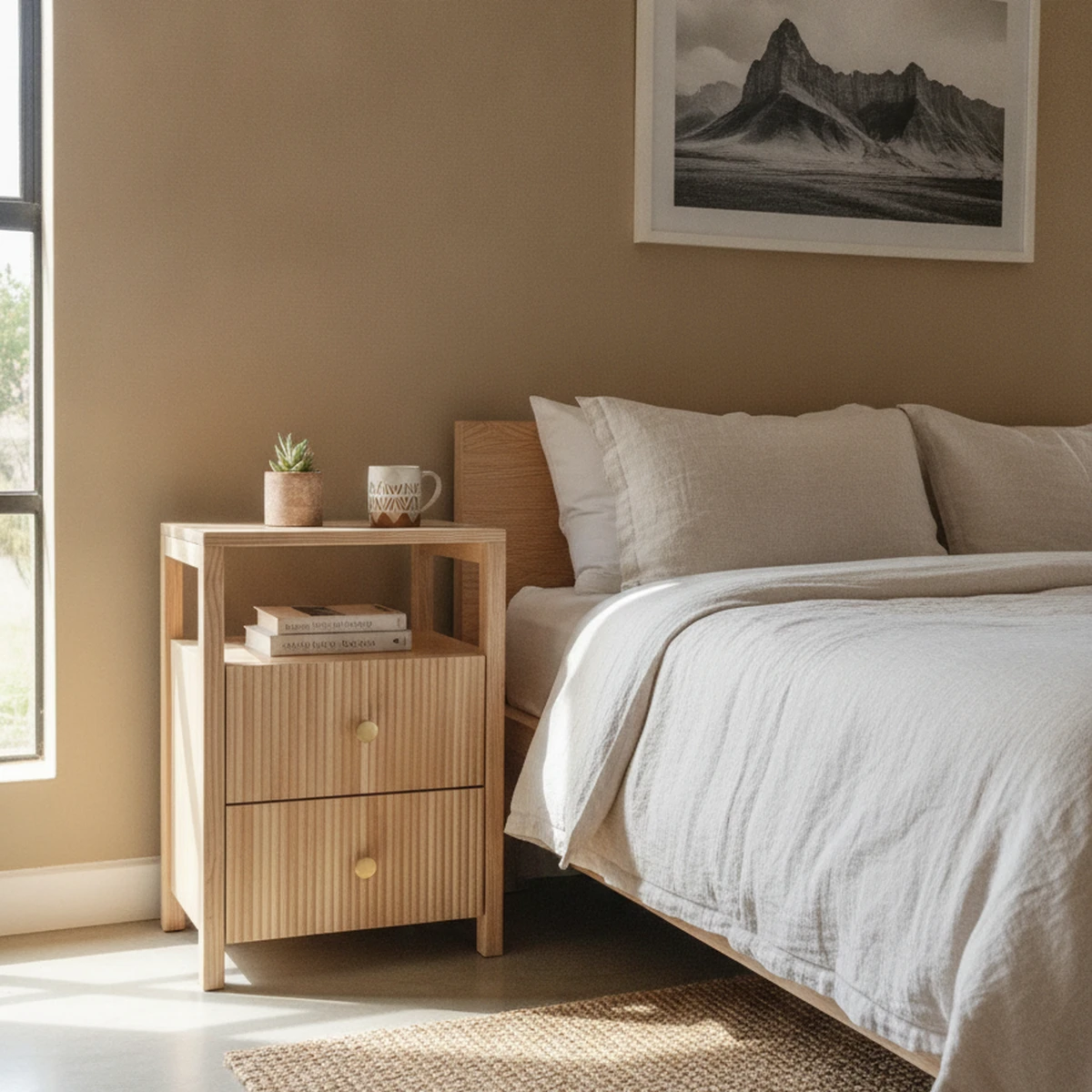 Fluted Wooden Nightstand with Drawers Open Shelf