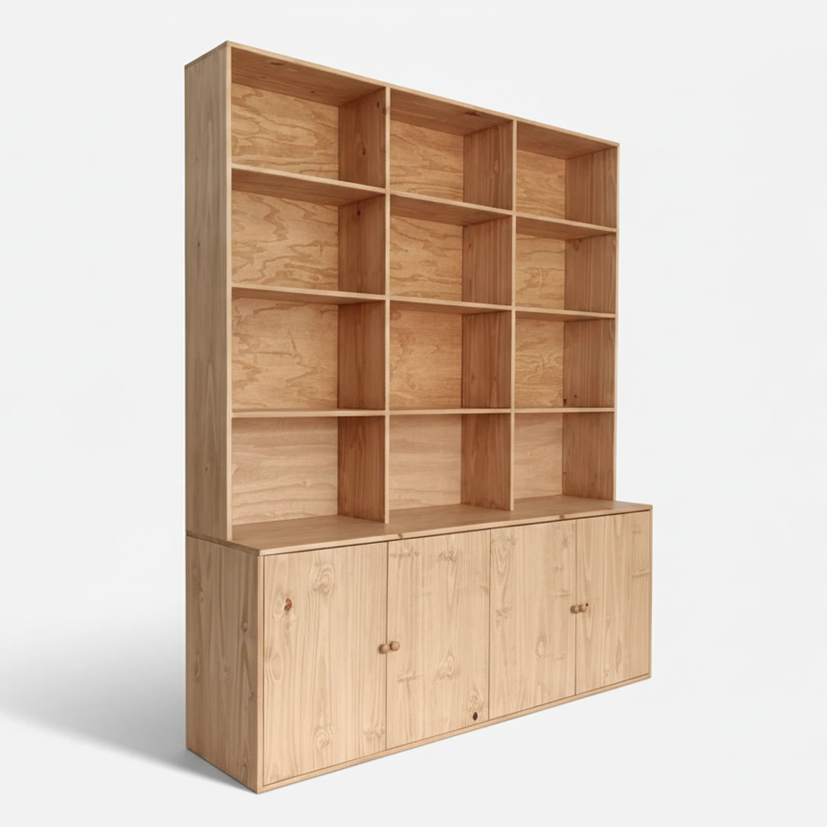 Large Wooden Bookcase Hutch With 4 Lower Cabinet & 12 Cubby Shelves — front view