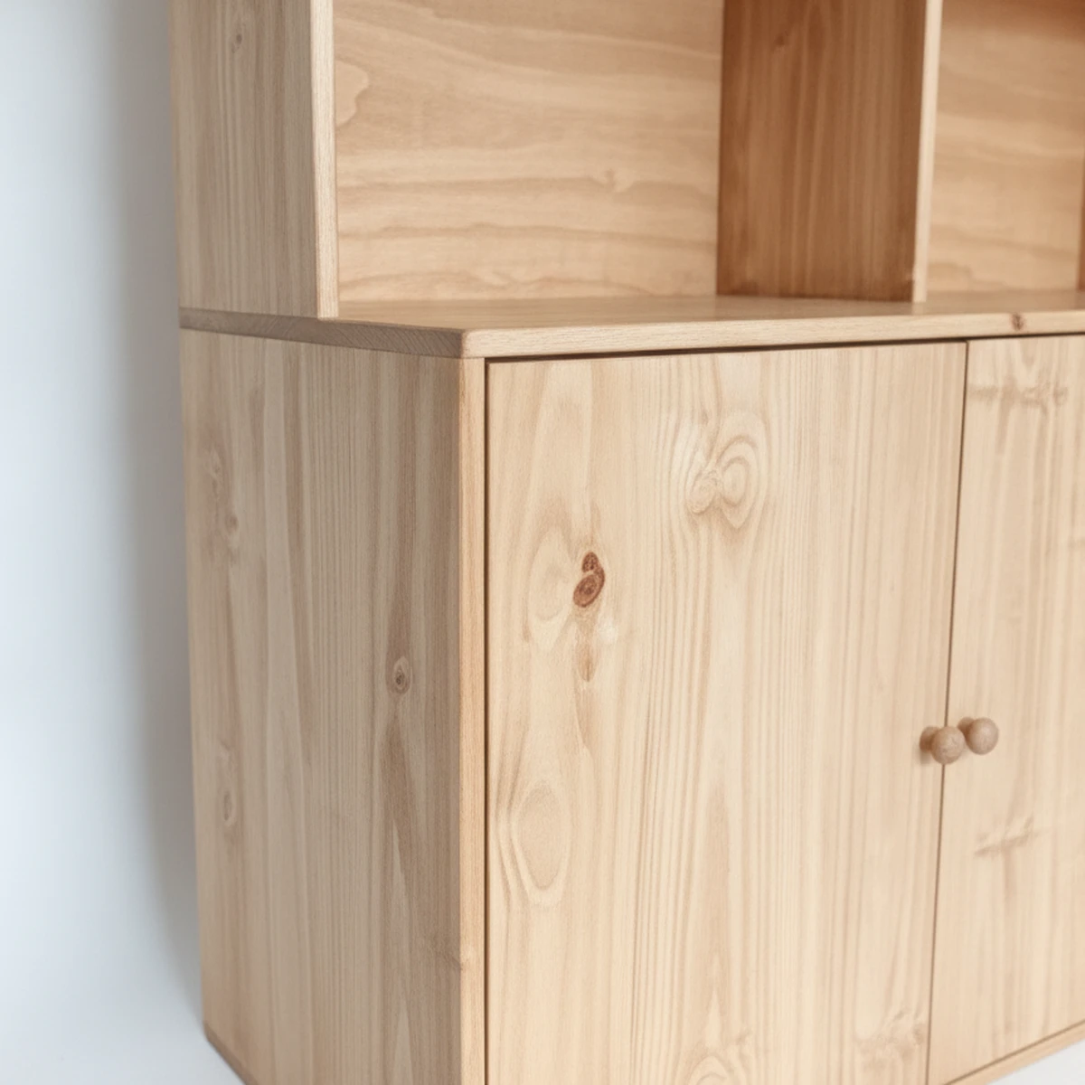 Large Wooden Bookcase Hutch With 4 Lower Cabinet & 12 Cubby Shelves — side angle view