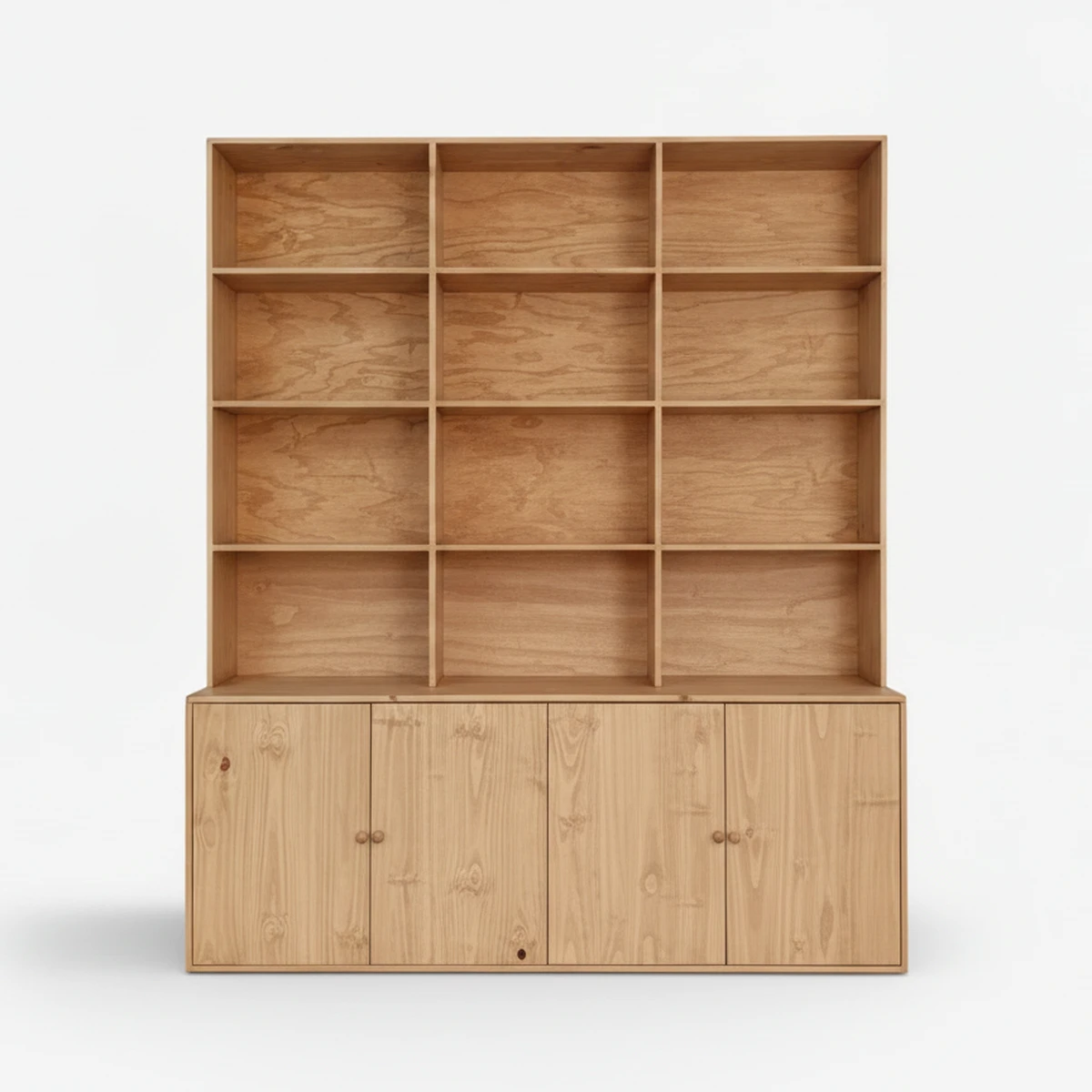 Large Wooden Bookcase Hutch With 4 Lower Cabinet & 12 Cubby Shelves — studio photo 1