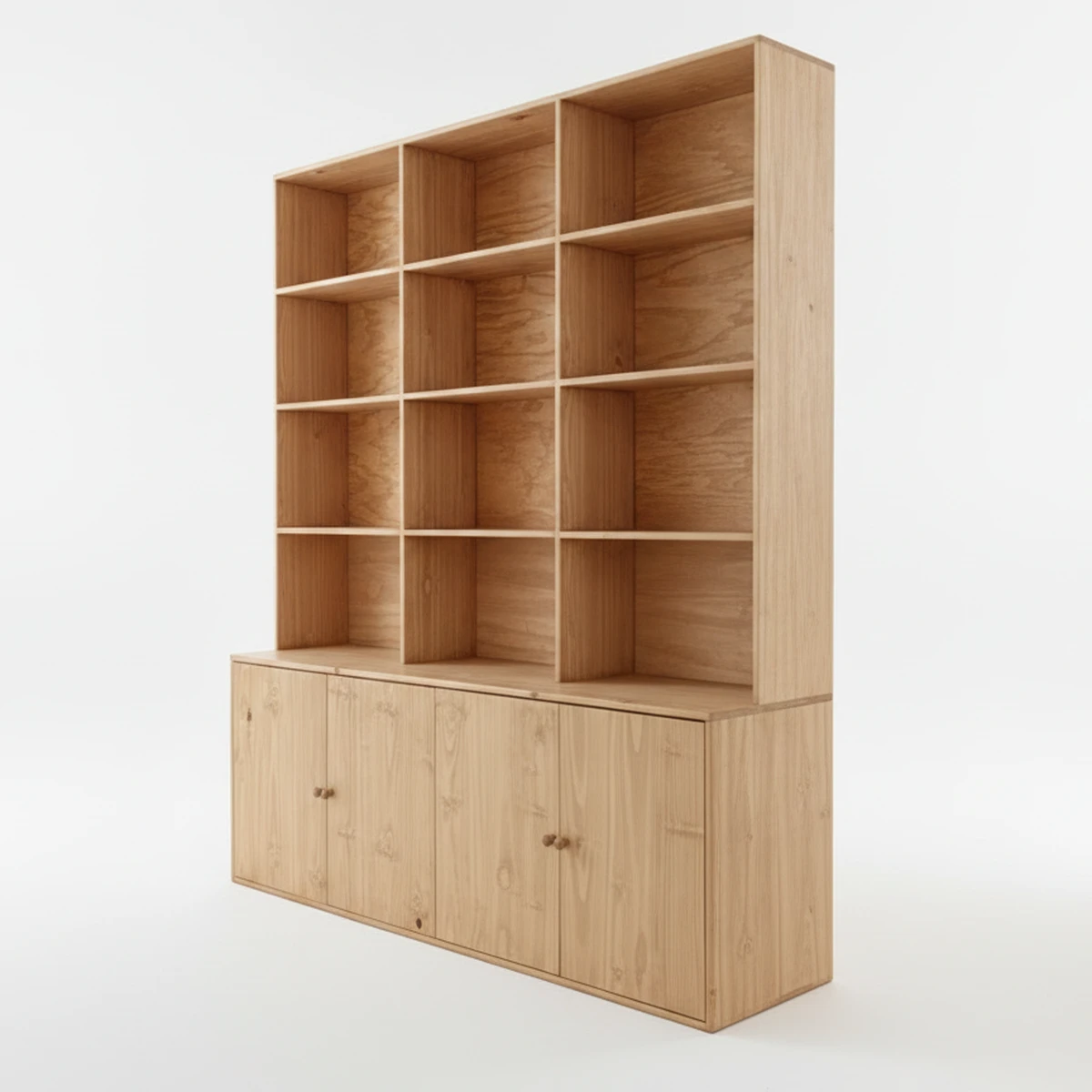 Large Wooden Bookcase Hutch With 4 Lower Cabinet & 12 Cubby Shelves — studio photo 2
